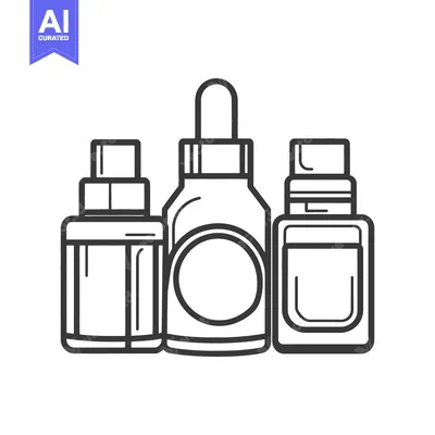 Aset premium populer: Three different small cosmetic bottles depicted in black line art