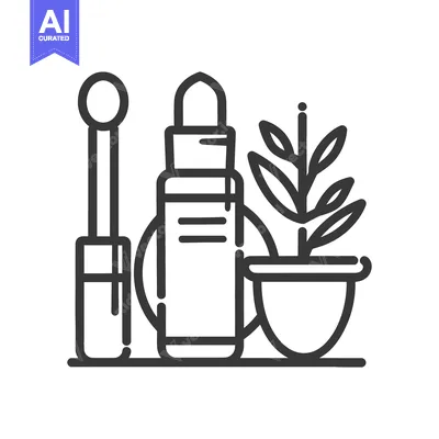 Aset premium populer: Black line art depicting makeup products and a potted plant