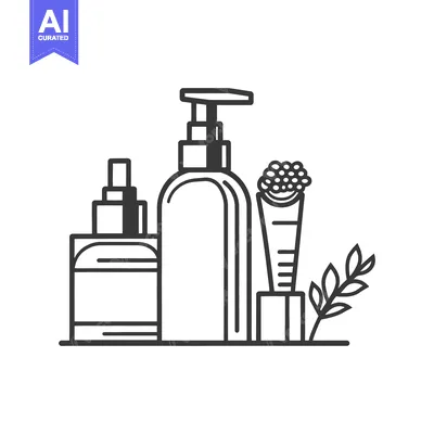Premium design asset: Outline drawing of beauty products and a botanical element
