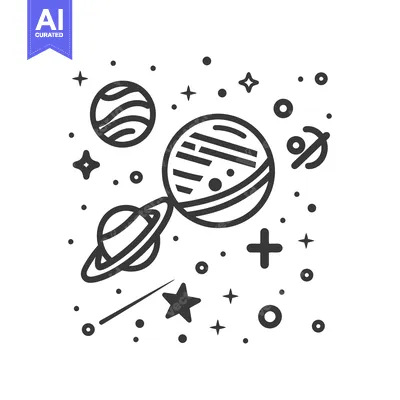 Premium design asset: A simple monochrome illustration depicting planets and celestial objec