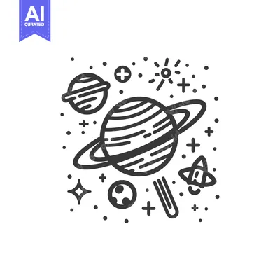 Aset desain premium: Simple black and white illustration of celestial bodies in space