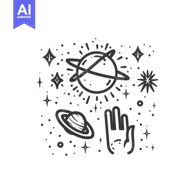 Aset desain premium: A stylized image of planets stars and a raised hand