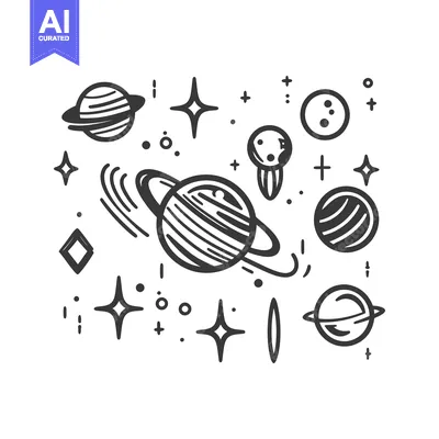 Aset premium populer: Black and white stylized illustration of various celestial objects
