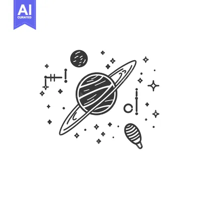 Aset premium populer: A detailed black and white illustration depicting outer space concepts