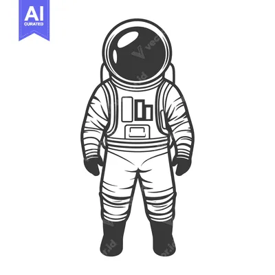 Aset desain premium: A monochrome illustration depicting a spacesuit wearing astronaut