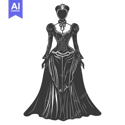 Aset premium populer: Detailed illustration of an elegant and formal vintage gown in graysca