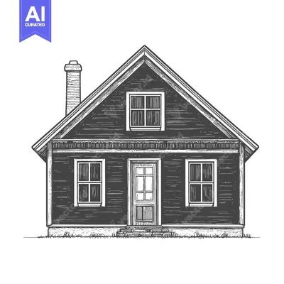 Aset desain premium: A quaint wooden house with a gabled roof and chimney