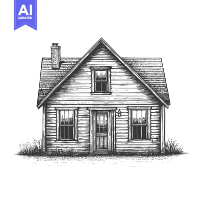 Aset desain premium: A Wood Cabin Illustration With Grass And Chimney