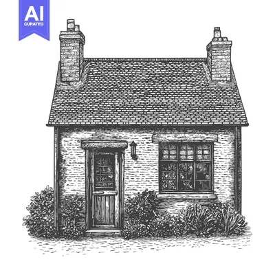 Aset premium populer: A charming brick cottage with two chimneys and shrubbery