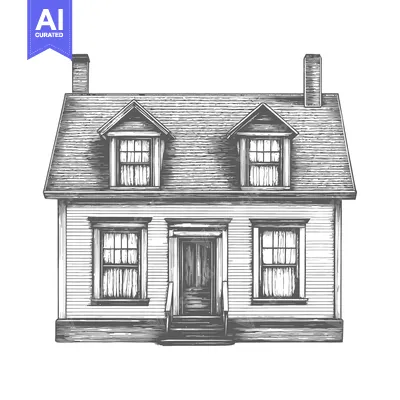 Aset desain premium: Vintage Wood House Drawing With Dormers And Chimneys