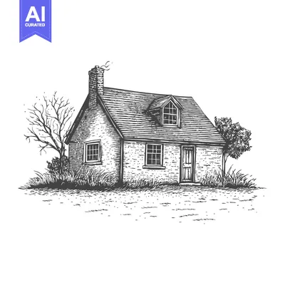 Aset desain premium: Stone Cottage Illustration With Trees And Grass