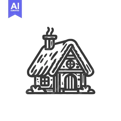 Whimsical Cottage Illustration: Black and White Line Art with Chimney