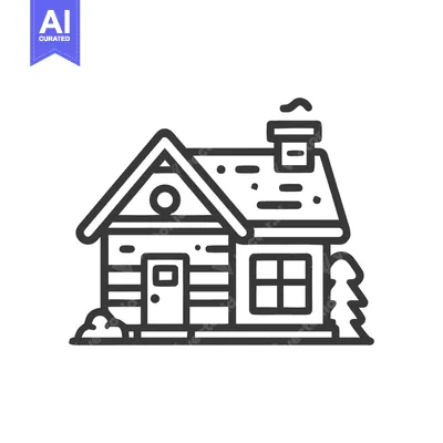 Aset premium populer: Cozy Cabin Icon: Detailed Line Art of a Rustic Log Home with Chimney