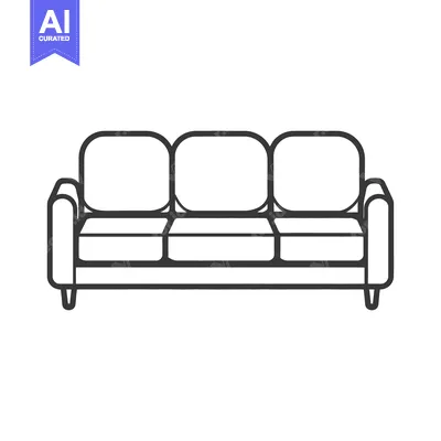 A black and white line art image of a comfortable sofa