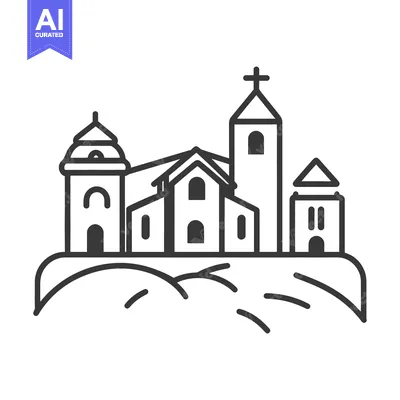 Aset desain premium: Black and white vector illustration depicting a church on a hill
