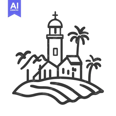 Aset desain premium: A coastal scene featuring a church and palm trees on an island