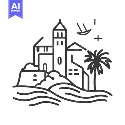 Aset desain premium: A minimalist illustration of a coastal town and seascape view