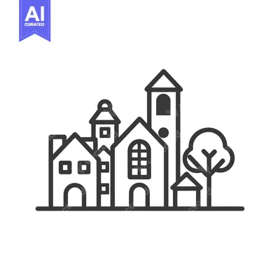Aset desain premium: Simple black and white illustration of buildings and a tree