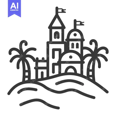 Aset desain premium: An illustrated castle and palm trees on a sand dune landscape