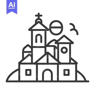 Aset premium populer: An outlined building with a cross and sun graphic