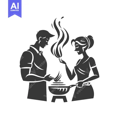 Aset premium populer: Couple Cooking Together with a Frying Pan and Flames