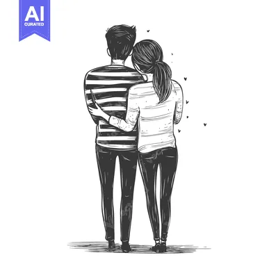 Aset premium populer: Couple Embracing Back to Back, Looking Ahead with Hearts in the Air