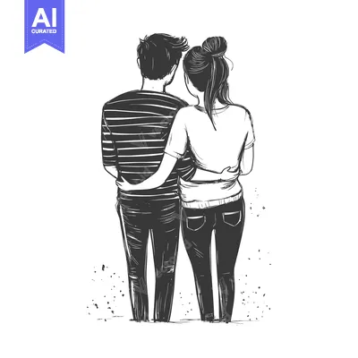Aset premium populer: Couple Embracing, Back View, Casual Attire,  Sketch Style