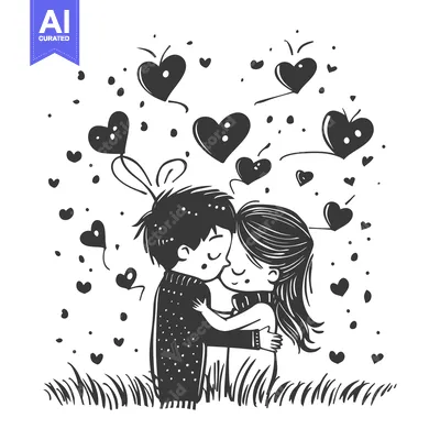 Aset desain premium: Couple Embracing Surrounded by Floating Hearts
