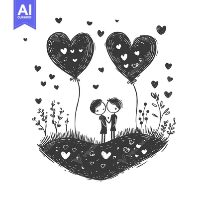Aset desain premium: Couple Holding Hands Under Heart-Shaped Balloons