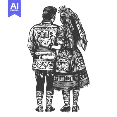 Aset desain premium: Couple in Traditional Indigenous Clothing, Back View