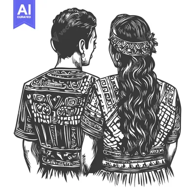 Aset premium populer: Couple in Traditional Indigenous Clothing Standing Back to Back