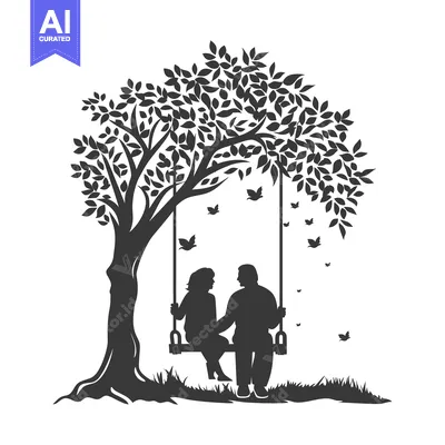 Aset desain premium: Couple on a Swing Under a Tree with Butterflies