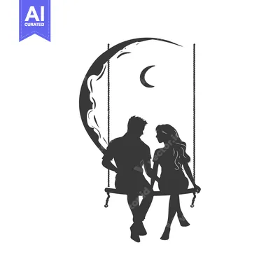 Aset desain premium: Couple Silhouetted on a Crescent Moon Swing