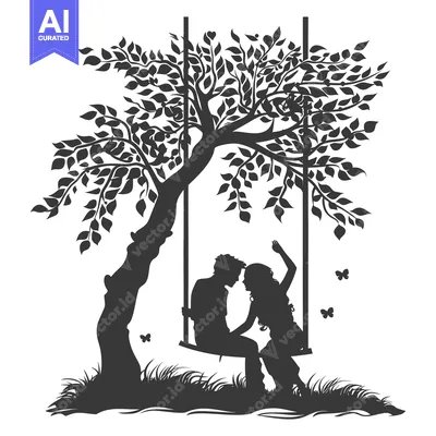 Aset desain premium: Couple Silhouetted on a Swing Beneath a Tree with Butterflies