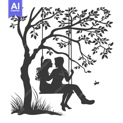 Aset desain premium: Couple Silhouetted on a Swing Hanging from a Tree