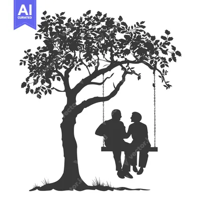 Aset desain premium: Couple Silhouetted on a Swing Under a Tree