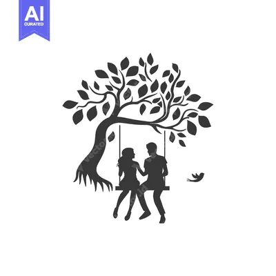 Aset premium populer: Couple Silhouetted on a Swing Under a Tree with a Bird Flying Overhead