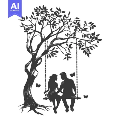 Aset desain premium: Couple Silhouetted on a Swing Under a Tree with Butterflies