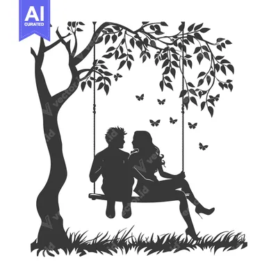 Aset premium populer: Couple Silhouetted on a Swing Under a Tree with Butterflies
