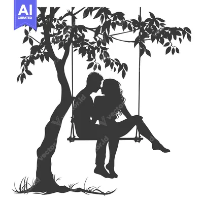 Aset desain premium: Couple Silhouetted on a Swing Underneath a Tree