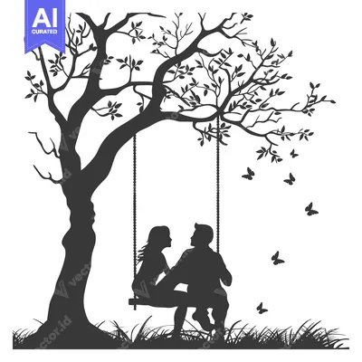 Aset premium populer: Couple Silhouetted on a Swing Underneath a Tree with Butterflies