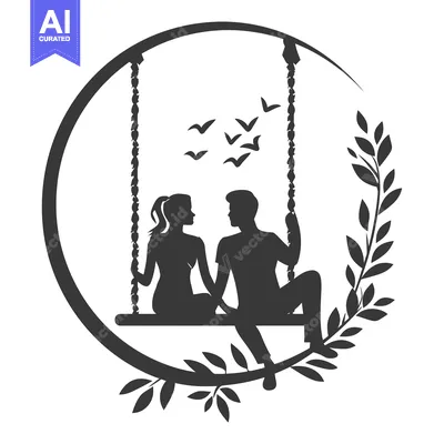 Aset desain premium: Couple Silhouetted on a Swing with Birds and Leaves