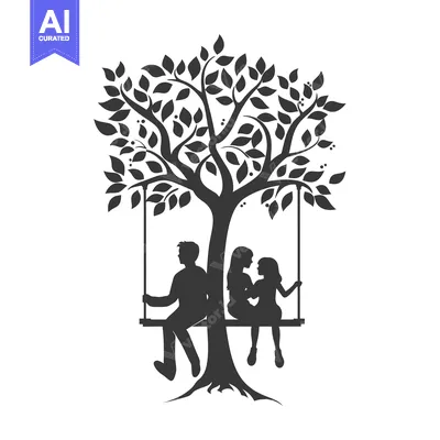 Aset desain premium: Couple Sitting on a Swing Under a Tree Silhouette