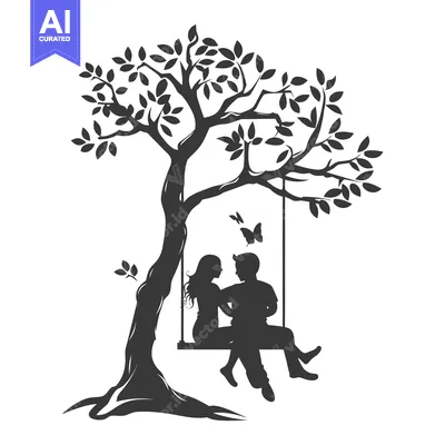 Aset desain premium: Couple Sitting on a Swing Under a Tree Silhouette
