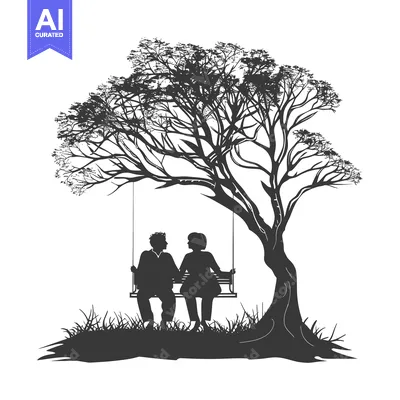 Premium design asset: Couple Sitting on a Swing Under a Tree Silhouette
