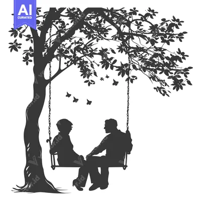 Aset desain premium: Couple Sitting on a Swing Under a Tree Silhouette