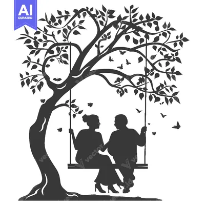 Aset premium populer: Couple Sitting on a Swing Under a Tree with Butterflies