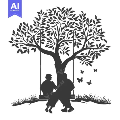 Aset desain premium: Couple Sitting on a Swing Under a Tree with Butterflies