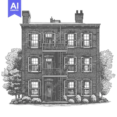 Aset premium populer: A Classic Brick Building with Shutters and Landscaping