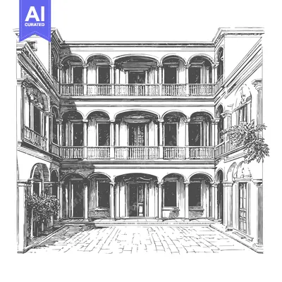 Aset desain premium: Classic Courtyard Building Architectural Sketch Drawing